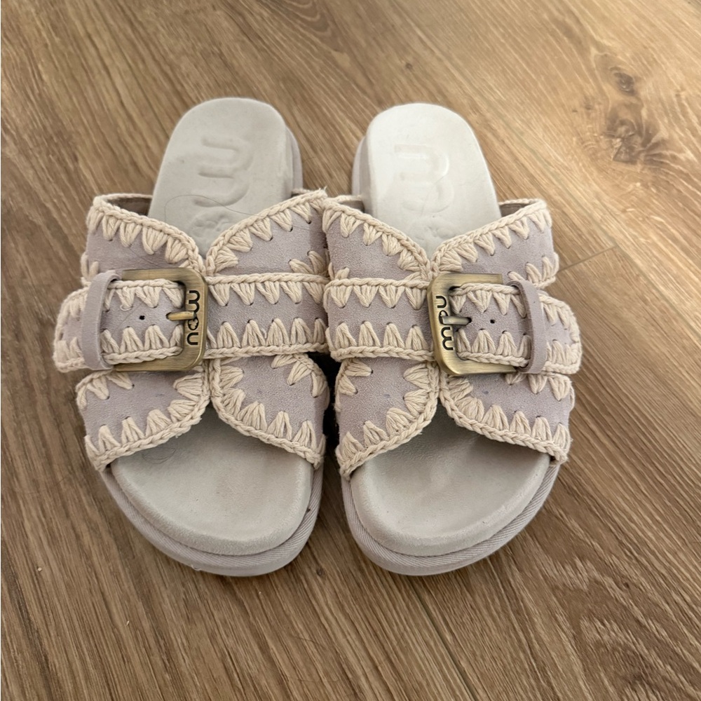 MOU Crafty Footbed Sandals - Beige Slide Sandals with Buckle